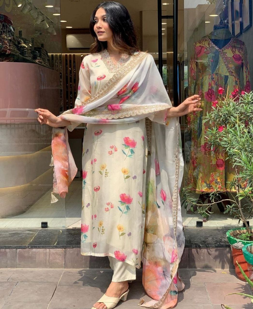 Off White Floral Printed Women Embroidery Straight Kurta Set with Dupatta