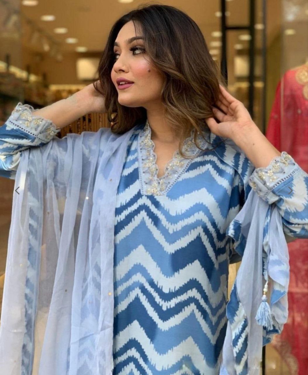 Blue Color Women Embroidered Straight Slik Kurta with Pants & Dupatta