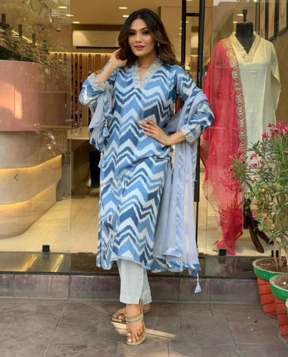 Blue Color Women Embroidered Straight Slik Kurta with Pants & Dupatta