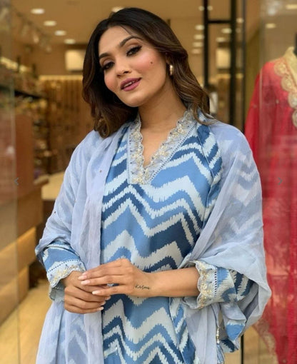 Blue Color Women Embroidered Straight Slik Kurta with Pants & Dupatta