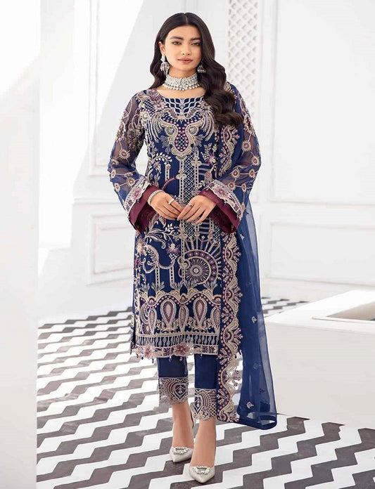 NAVY BLUE PAKISTANI WEDDING COLLECTION FAUX GEORGETTE FABRIC WITH EMBROIDERY WORK SEMI STITCHED SALWAR KAMEEZ SUIT