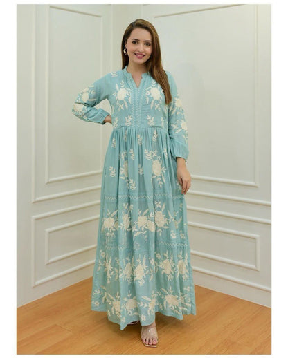 Beutiful 3 Colors  Embroidery Work Rayon Gown For Womens And Girls