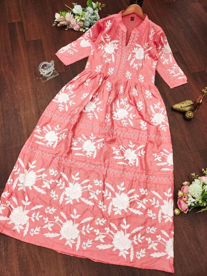 Beutiful 3 Colors  Embroidery Work Rayon Gown For Womens And Girls