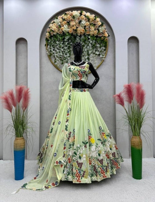 Designer Attractive PartyWear Floral Printed Lehenga choli with dupatta, Haldi outfit , Bridesmaid Dress, Yellow Printed Lehenga
