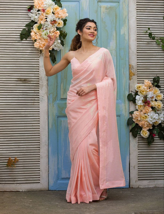 Elegant Pink Color Georgette Rainbow Sequence Embrodery Work Saree