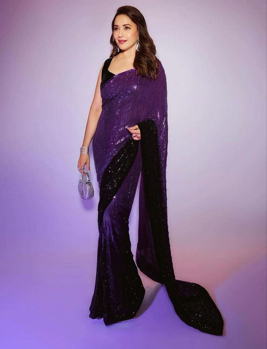 Purple Color Georgette Sequence Embroidery Work Saree For Women's