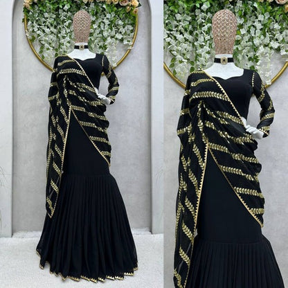 Designer Partywear Georgette Black Color Embroidery Sequence Work Lehenga Saree For Women's