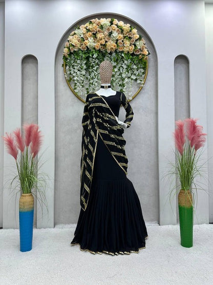 Designer Partywear Georgette Black Color Embroidery Sequence Work Lehenga Saree For Women's
