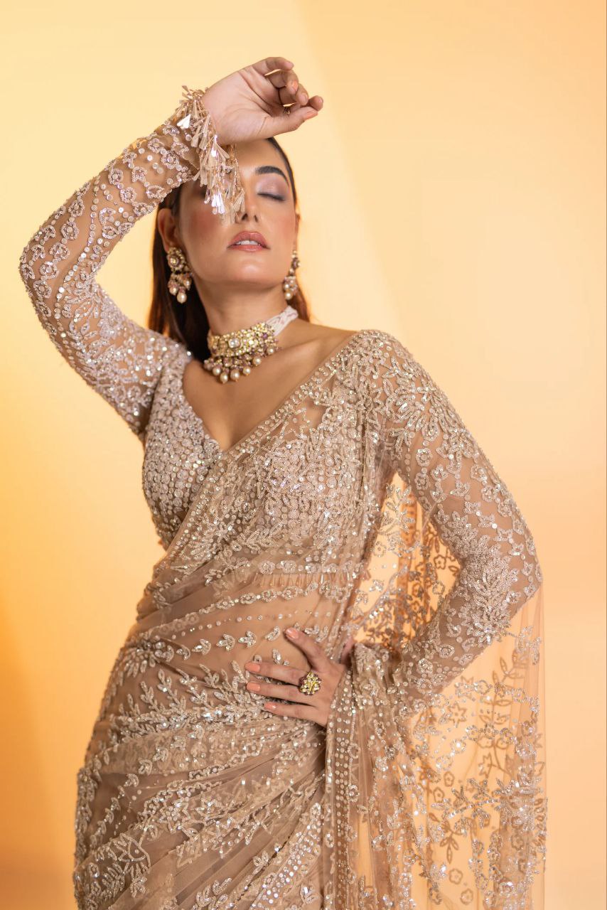 Heavy Quality Butterfly Net Heavy 5mm Sequins Embroidery work in Saree | 4.4 Mtr Work | Blouse of Net With Heavy Embroidery