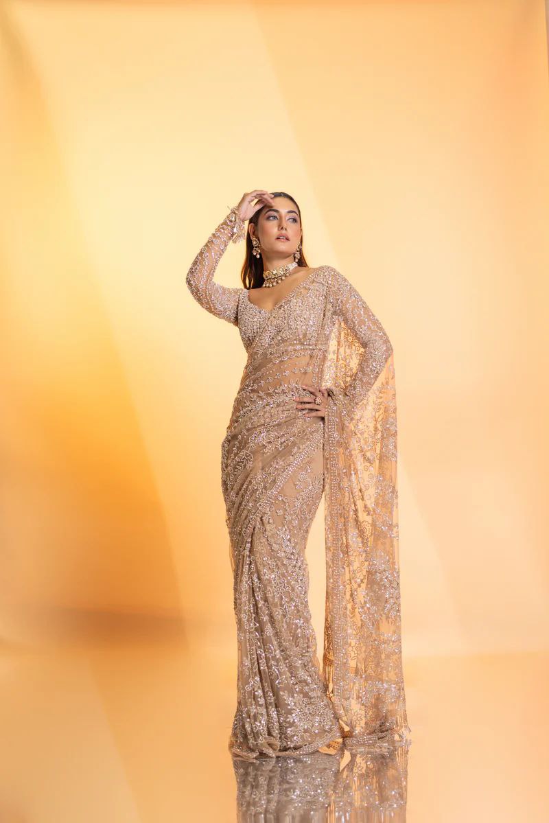 Heavy Quality Butterfly Net Heavy 5mm Sequins Embroidery work in Saree | 4.4 Mtr Work | Blouse of Net With Heavy Embroidery