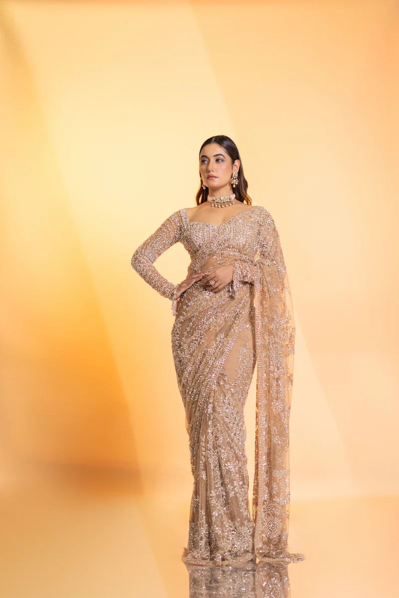 Heavy Quality Butterfly Net Heavy 5mm Sequins Embroidery work in Saree | 4.4 Mtr Work | Blouse of Net With Heavy Embroidery