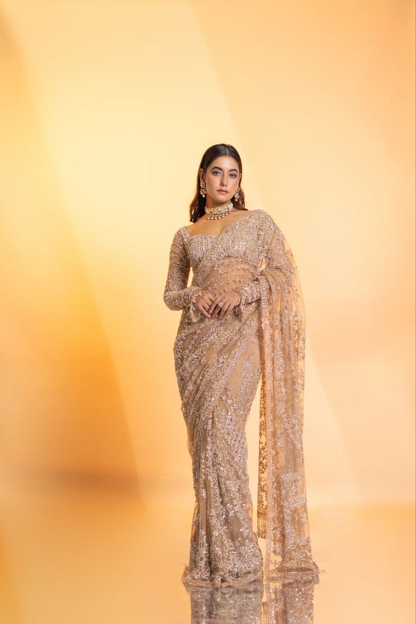 Heavy Quality Butterfly Net Heavy 5mm Sequins Embroidery work in Saree | 4.4 Mtr Work | Blouse of Net With Heavy Embroidery