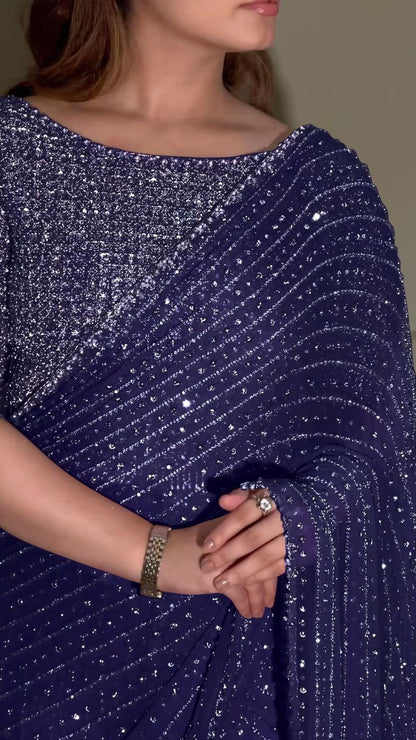 New Bollywood  Heavy quality Faux Georgette 5MM Sequins & Multy Embroidery Work Done On Saree | 4.4 Mtr Work | Blouse-Georgette With Heavy Embroidery Work