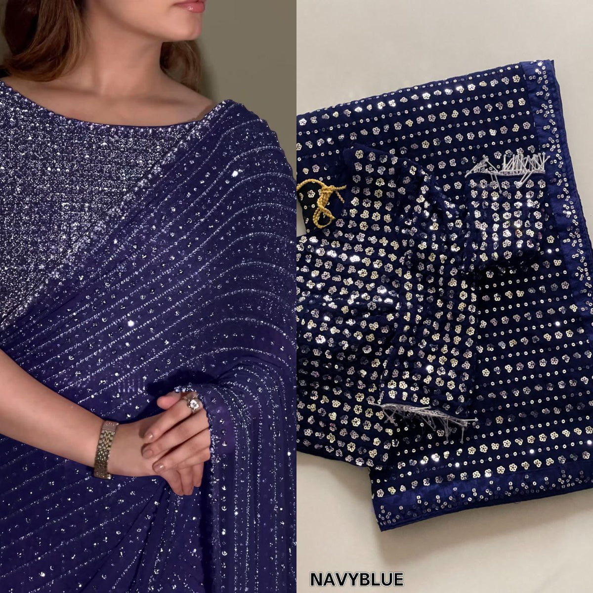 New Bollywood  Heavy quality Faux Georgette 5MM Sequins & Multy Embroidery Work Done On Saree | 4.4 Mtr Work | Blouse-Georgette With Heavy Embroidery Work
