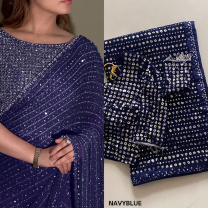 New Bollywood  Heavy quality Faux Georgette 5MM Sequins & Multy Embroidery Work Done On Saree | 4.4 Mtr Work | Blouse-Georgette With Heavy Embroidery Work