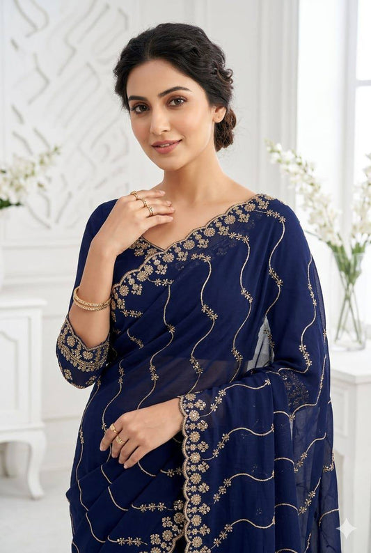 New Trending Saree Star Georgette Saree Multi Sequence Emroidary Work With Running Blouse Embroidery work