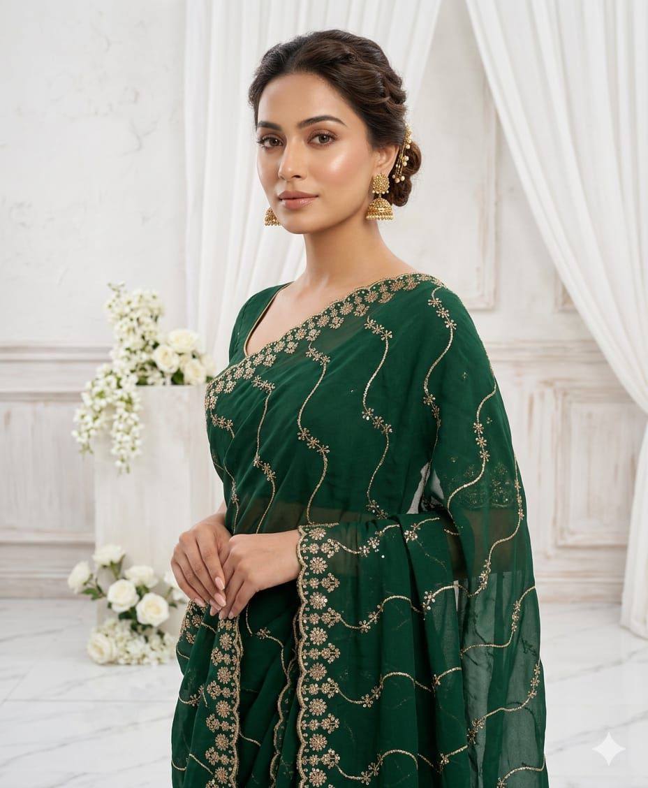 New Trending Saree Star Georgette Saree Multi Sequence Emroidary Work With Running Blouse Embroidery work