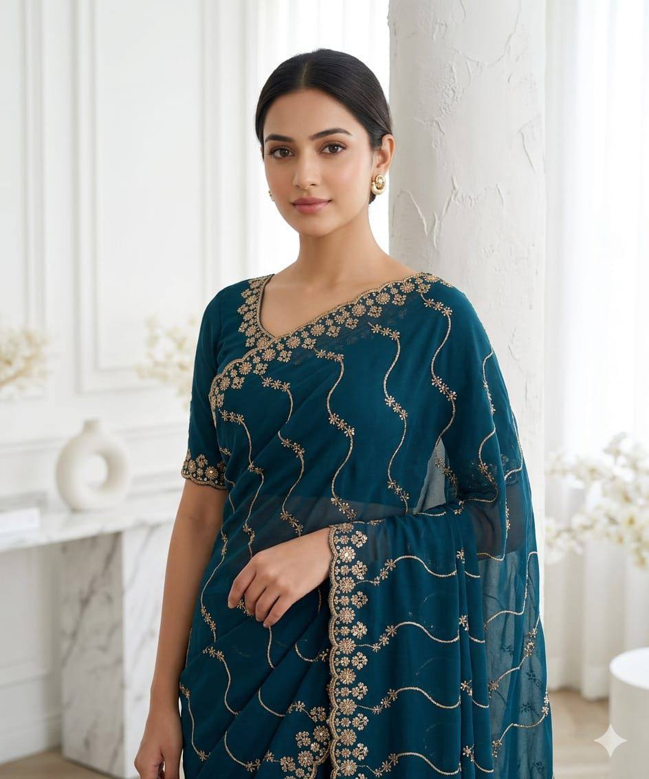 New Trending Saree Star Georgette Saree Multi Sequence Emroidary Work With Running Blouse Embroidery work