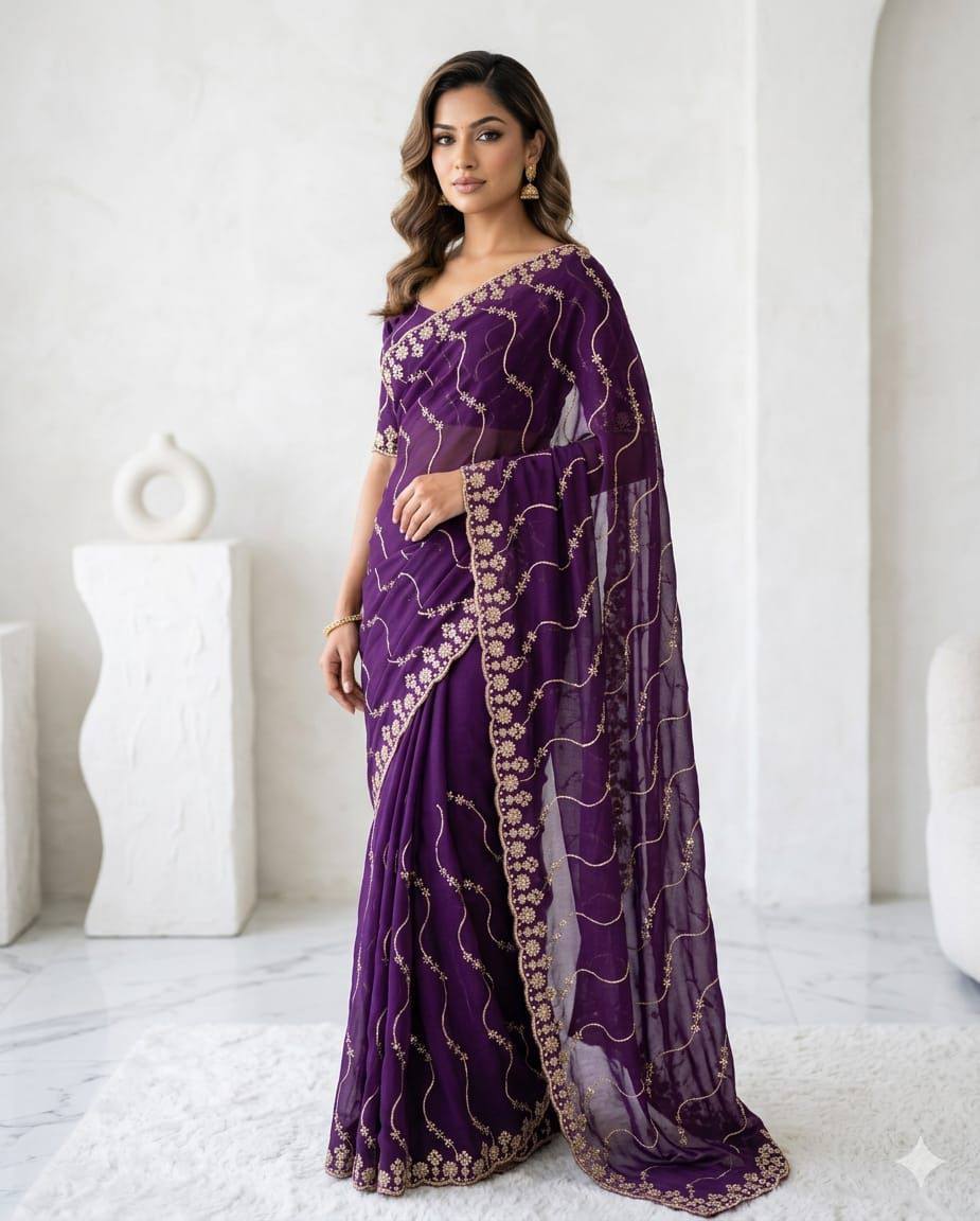 New Trending Saree Star Georgette Saree Multi Sequence Emroidary Work With Running Blouse Embroidery work