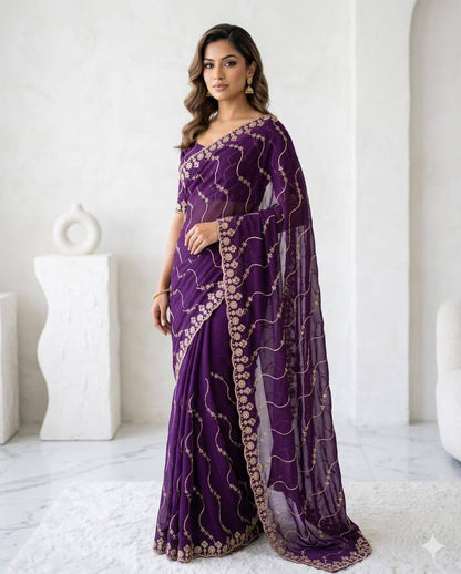 New Trending Saree Star Georgette Saree Multi Sequence Emroidary Work With Running Blouse Embroidery work