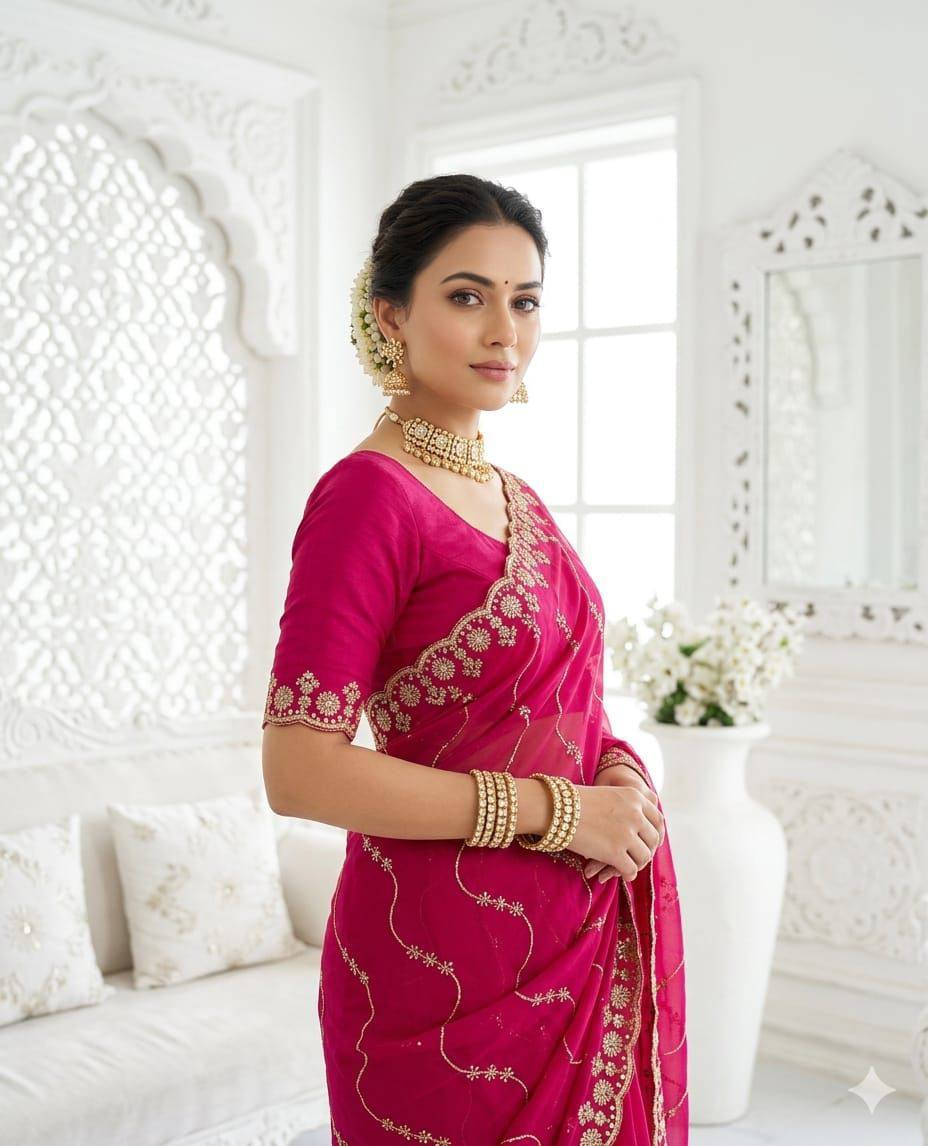 New Trending Saree Star Georgette Saree Multi Sequence Emroidary Work With Running Blouse Embroidery work