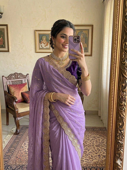 New Trending Star Georgette Saree Multi Sequence Emroidary Work With Contrast Blouse Embroidery work