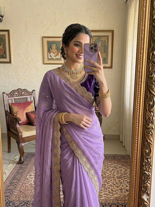 New Trending Star Georgette Saree Multi Sequence Emroidary Work With Contrast Blouse Embroidery work