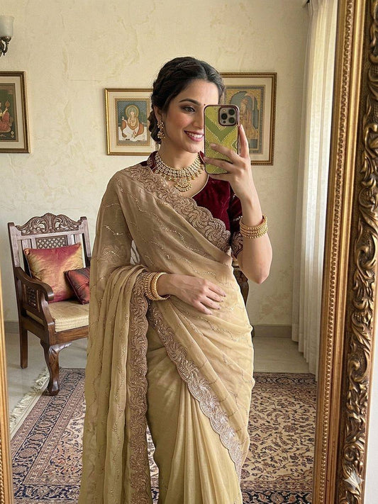 New Trending Star Georgette Saree Multi Sequence Emroidary Work With Contrast Blouse Embroidery work
