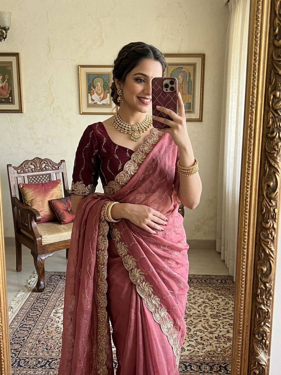 New Trending Star Georgette Saree Multi Sequence Emroidary Work With Contrast Blouse Embroidery work