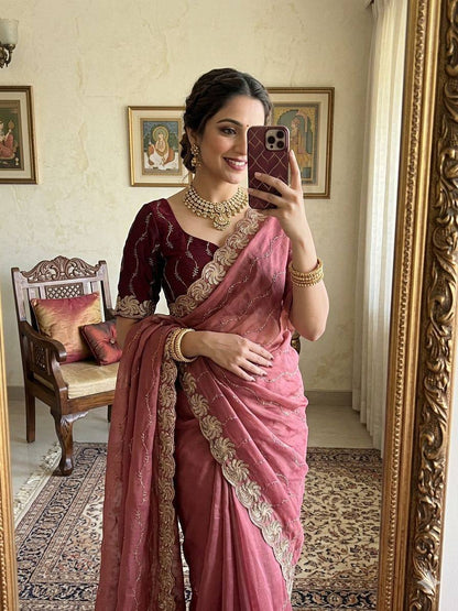 New Trending Star Georgette Saree Multi Sequence Emroidary Work With Contrast Blouse Embroidery work