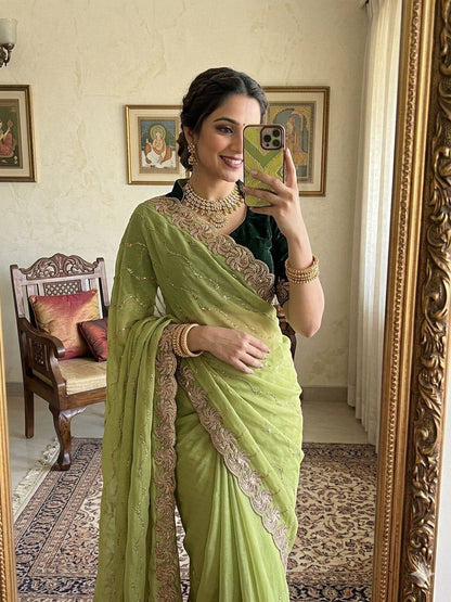 New Trending Star Georgette Saree Multi Sequence Emroidary Work With Contrast Blouse Embroidery work
