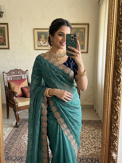 New Trending Star Georgette Saree Multi Sequence Emroidary Work With Contrast Blouse Embroidery work