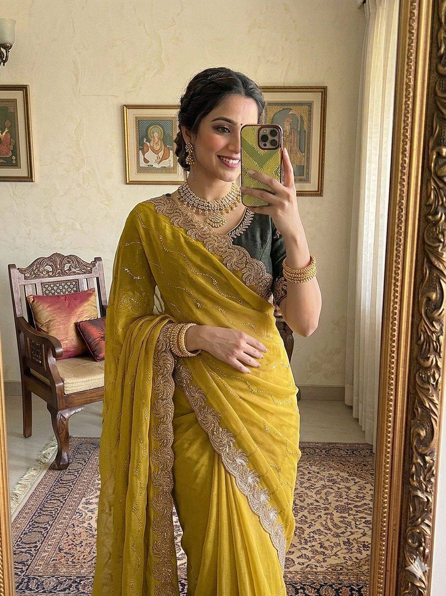 New Trending Star Georgette Saree Multi Sequence Emroidary Work With Contrast Blouse Embroidery work