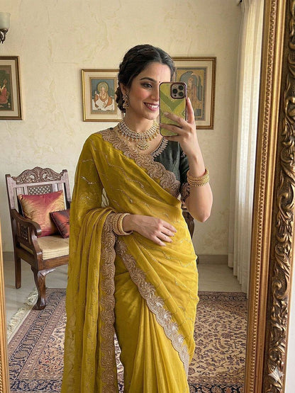 New Trending Star Georgette Saree Multi Sequence Emroidary Work With Contrast Blouse Embroidery work