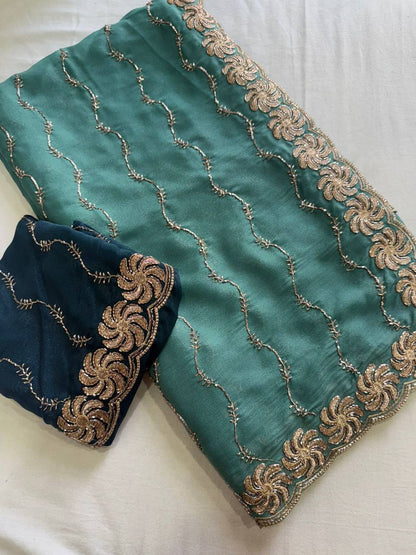 New Trending Star Georgette Saree Multi Sequence Emroidary Work With Contrast Blouse Embroidery work