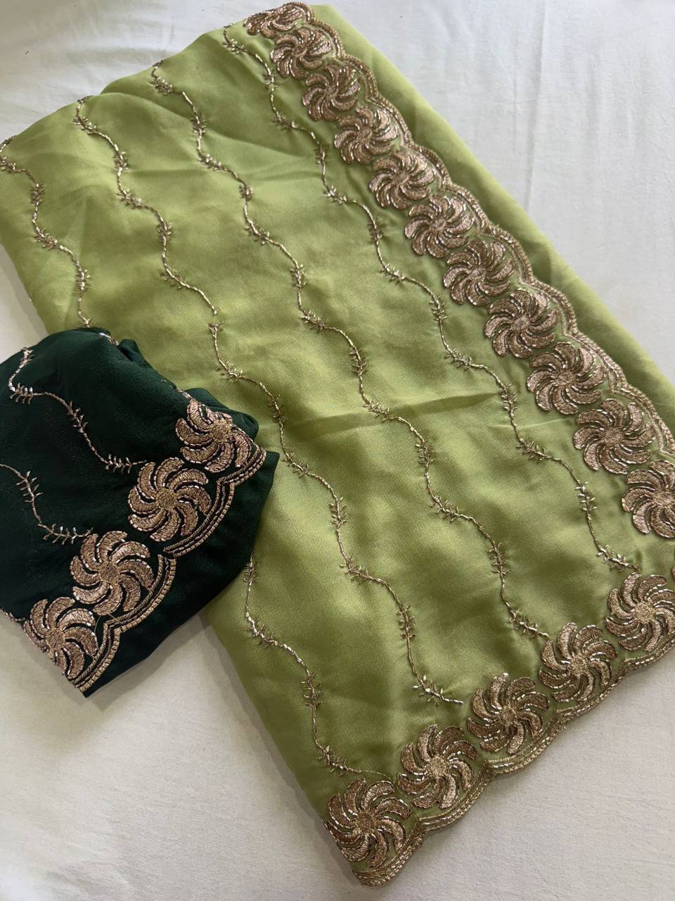 New Trending Star Georgette Saree Multi Sequence Emroidary Work With Contrast Blouse Embroidery work
