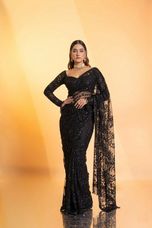 Heavy Quality Butterfly Net Heavy 5mm Sequins Embroidery work in Saree | 4.4 Mtr Work | Blouse of Net With Heavy Embroidery