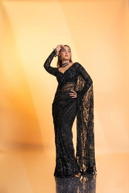 Heavy Quality Butterfly Net Heavy 5mm Sequins Embroidery work in Saree | 4.4 Mtr Work | Blouse of Net With Heavy Embroidery