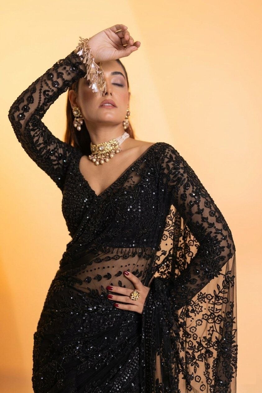 Heavy Quality Butterfly Net Heavy 5mm Sequins Embroidery work in Saree | 4.4 Mtr Work | Blouse of Net With Heavy Embroidery