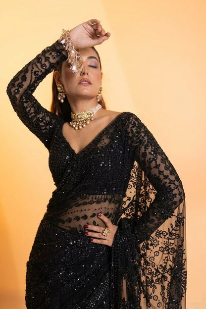 Heavy Quality Butterfly Net Heavy 5mm Sequins Embroidery work in Saree | 4.4 Mtr Work | Blouse of Net With Heavy Embroidery