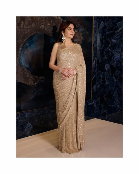 New Launching Bollywood Saree Of Faux Georgette With Heavy 5MM & 3MM Khichdi Rainbow Sequence Embrodery Work | Blouse Of Pain Silk