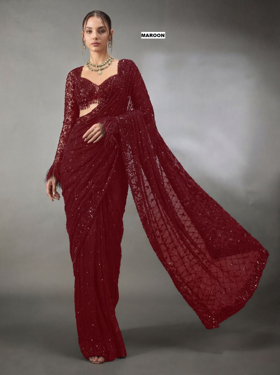 New Trending Bollywood Heavy Quality Faux Georgette Saree | Heavy Cpallu embroidery work with 5mm Sequins & Multy Embroidery work done in Saree | Blouse of Faux Georgette With Heavy Embroidery