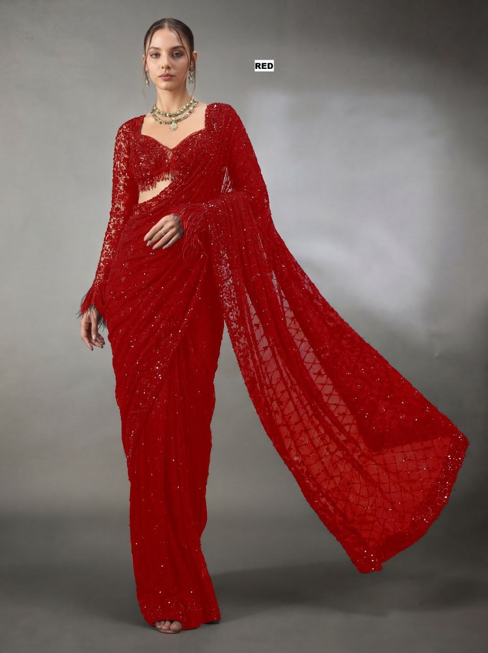 New Trending Bollywood Heavy Quality Faux Georgette Saree | Heavy Cpallu embroidery work with 5mm Sequins & Multy Embroidery work done in Saree | Blouse of Faux Georgette With Heavy Embroidery