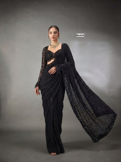 New Trending Bollywood Heavy Quality Faux Georgette Saree | Heavy Cpallu embroidery work with 5mm Sequins & Multy Embroidery work done in Saree | Blouse of Faux Georgette With Heavy Embroidery