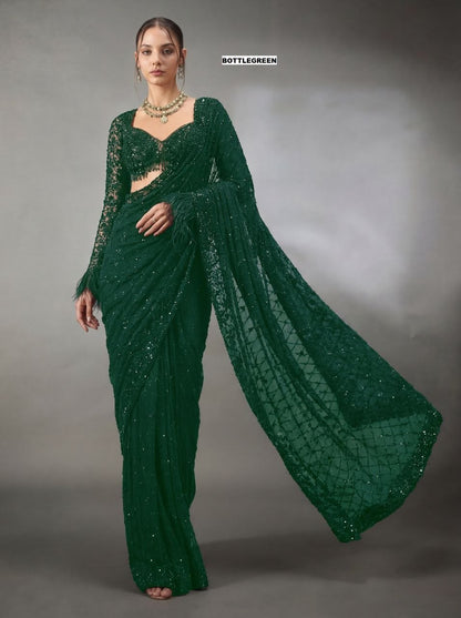 New Trending Bollywood Heavy Quality Faux Georgette Saree | Heavy Cpallu embroidery work with 5mm Sequins & Multy Embroidery work done in Saree | Blouse of Faux Georgette With Heavy Embroidery