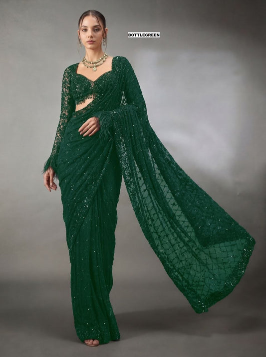 New Trending Bollywood Heavy Quality Faux Georgette Saree | Heavy Cpallu embroidery work with 5mm Sequins & Multy Embroidery work done in Saree | Blouse of Faux Georgette With Heavy Embroidery