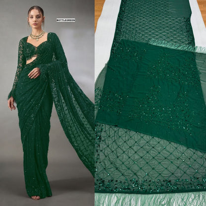 New Trending Bollywood Heavy Quality Faux Georgette Saree | Heavy Cpallu embroidery work with 5mm Sequins & Multy Embroidery work done in Saree | Blouse of Faux Georgette With Heavy Embroidery