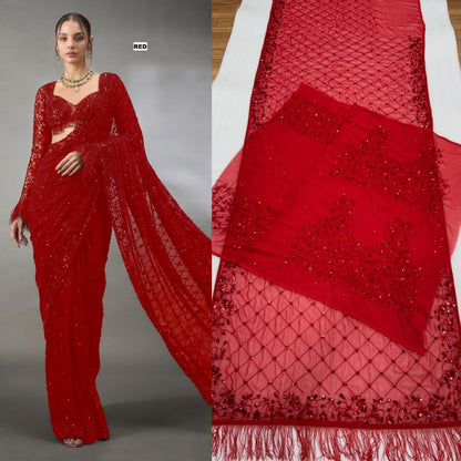 New Trending Bollywood Heavy Quality Faux Georgette Saree | Heavy Cpallu embroidery work with 5mm Sequins & Multy Embroidery work done in Saree | Blouse of Faux Georgette With Heavy Embroidery