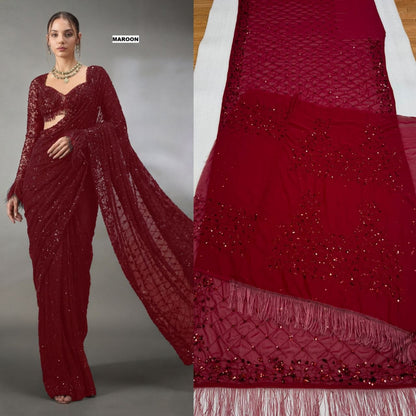 New Trending Bollywood Heavy Quality Faux Georgette Saree | Heavy Cpallu embroidery work with 5mm Sequins & Multy Embroidery work done in Saree | Blouse of Faux Georgette With Heavy Embroidery