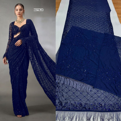 New Trending Bollywood Heavy Quality Faux Georgette Saree | Heavy Cpallu embroidery work with 5mm Sequins & Multy Embroidery work done in Saree | Blouse of Faux Georgette With Heavy Embroidery
